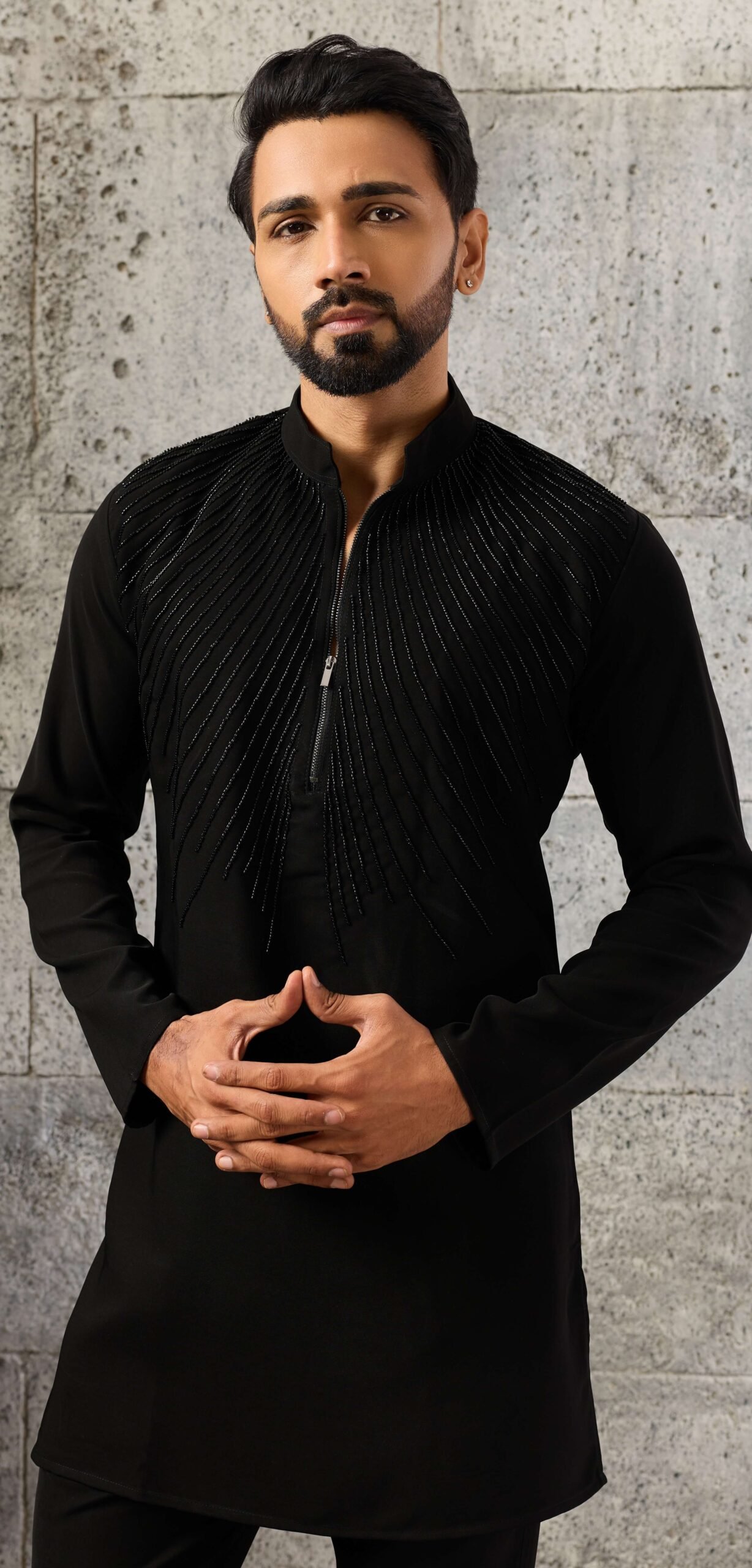 Black Designer Kurta Pajama For Groom Brother Front View