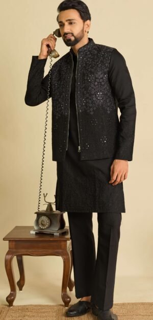 Black Designer Kurta Pajama With Embroidered Jacket