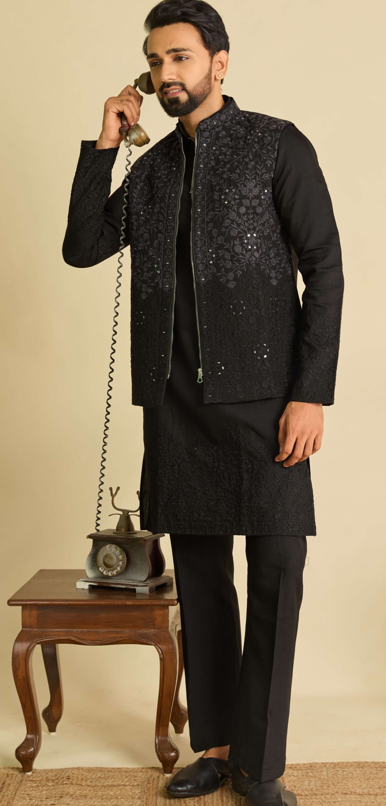 Black Designer Kurta Pajama With Embroidered Jacket