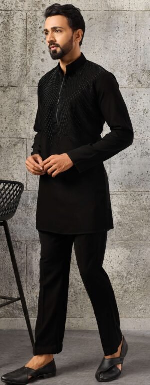 Black Kurta Pajama For Groom Brother With Hand Bead Work Wedding Outfit