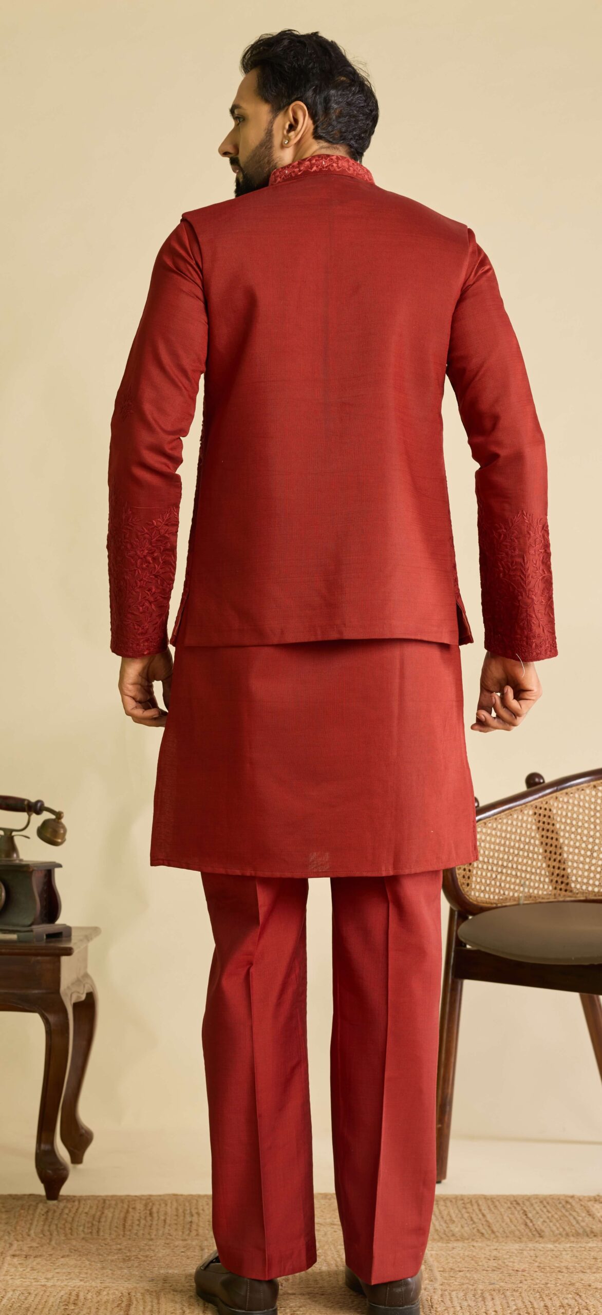 Red Designer Kurta Set Back View