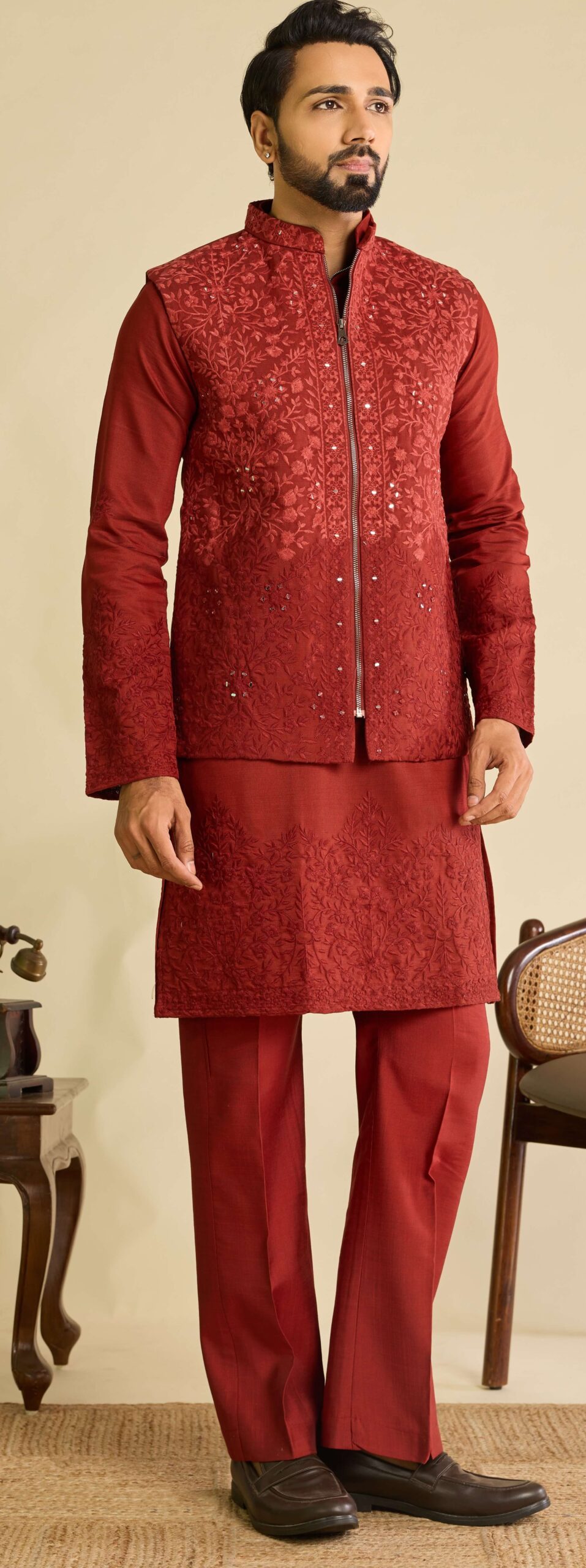 Red Designer Kurta Set For Men For Wedding