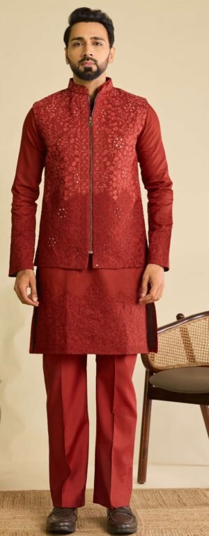 Red Designer Kurta Set Front View