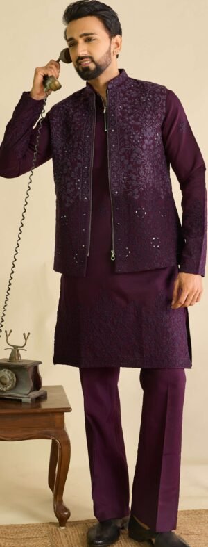 Wine Colour Kurta Set with Embroidered Jacket for Wedding