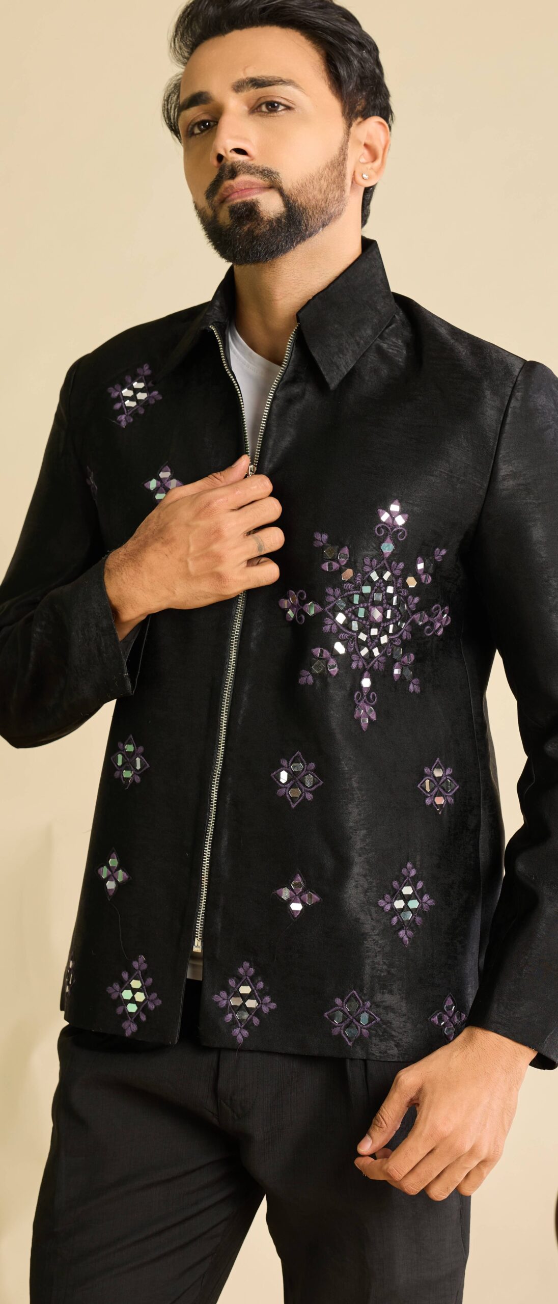 Designer Black Mirror Work Indo Western Jacket Set for Men