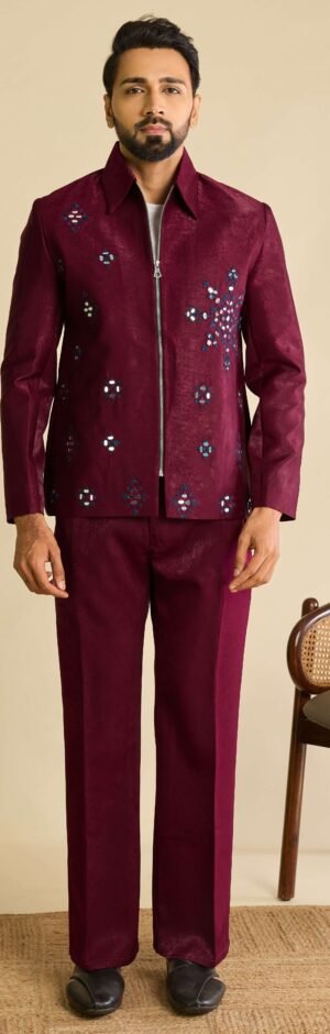 Designer Maroon Indo Western Jacket Set Wedding & Reception Wear