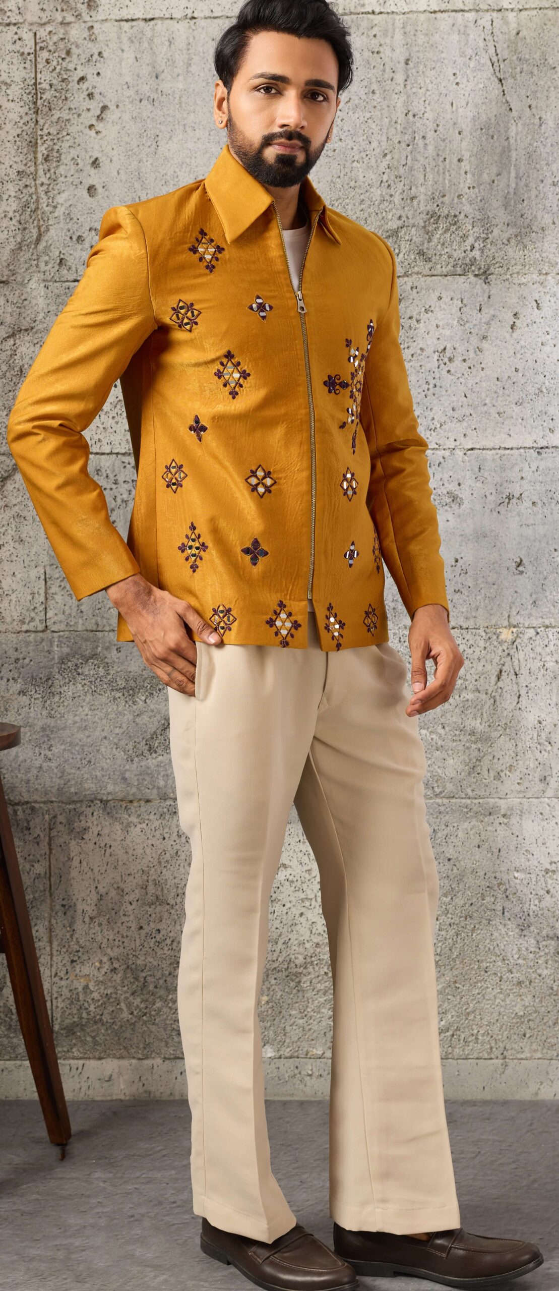 Designer Mustard Yellow Indo Western Jacket Set for Men