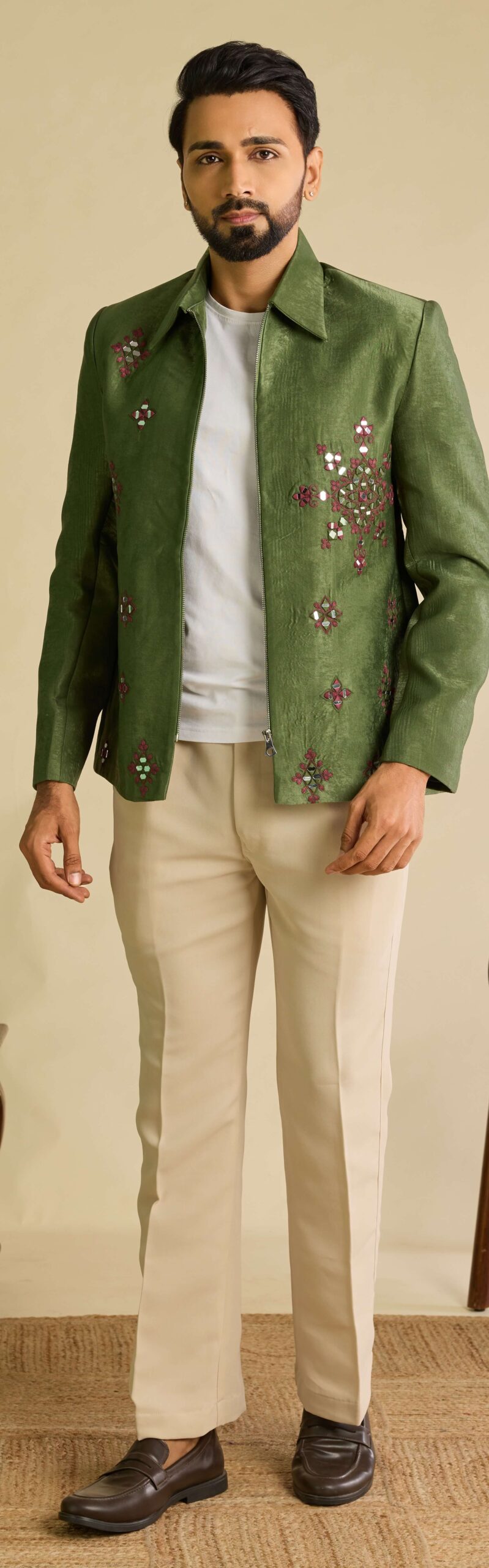 Designer Olive Green Indo Western Jacket Set for Men