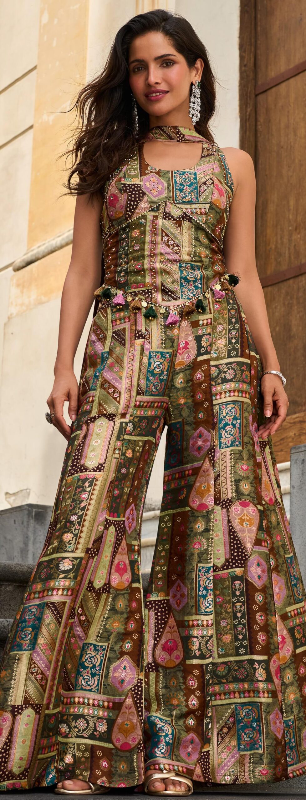 Designer Olive Green Indo Western Palazzo 3 Piece Set
