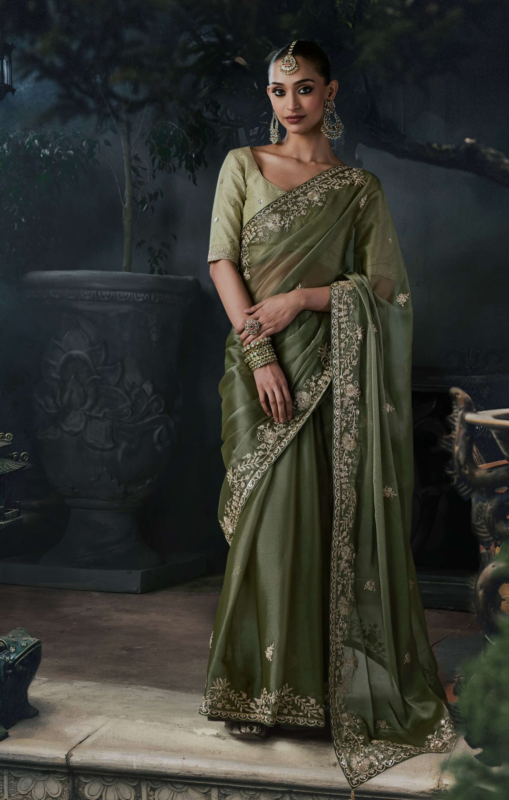 Designer Sarees for Cocktail Party Olive Green Saree