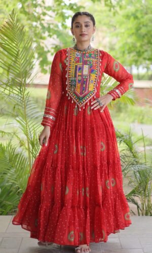 Garba Outfit for Women Anarkali Dress in Red Colour