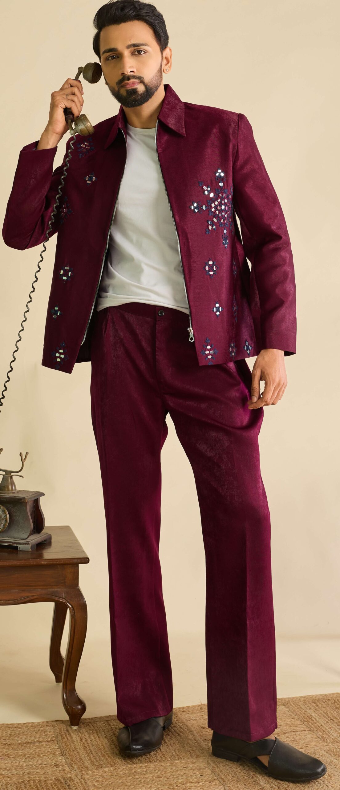 Maroon Mirror Work Wedding Jacket Set