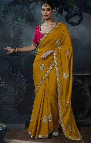 Olive Green Designer Saree with Contrast Blouse Online