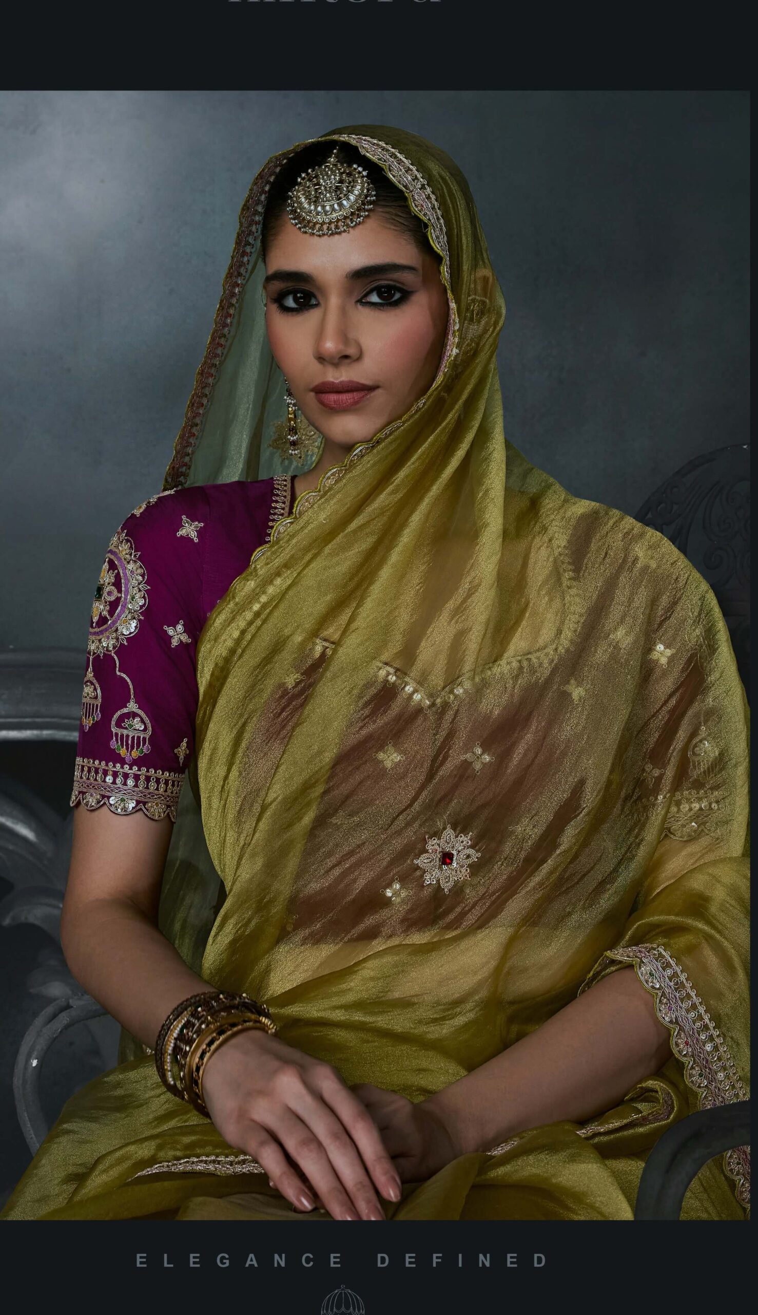 Party Wear Olive Colour Designer Saree with Contrast Blouse