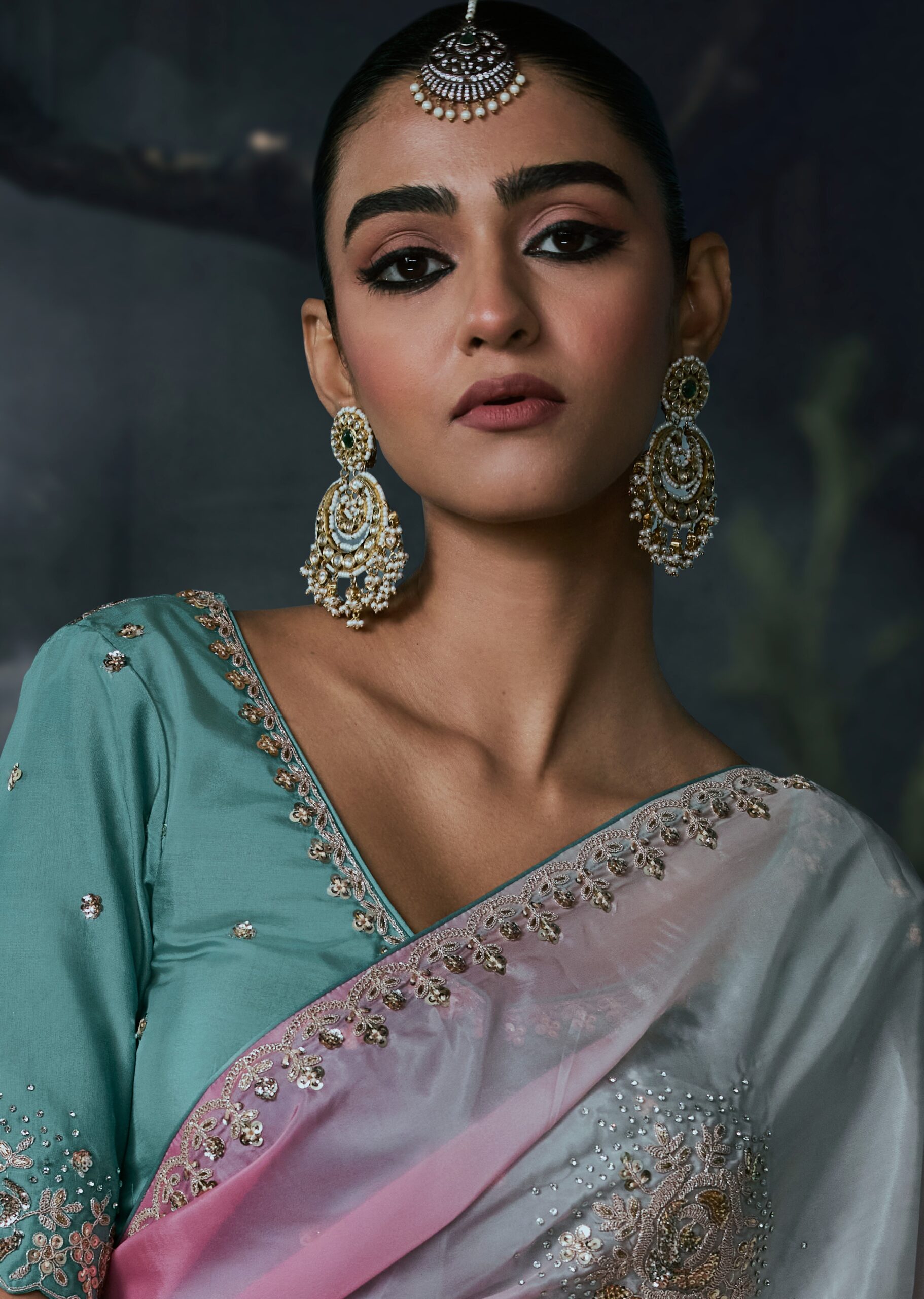 Party Wear Saree with Designer Blouse Sky Blue Color