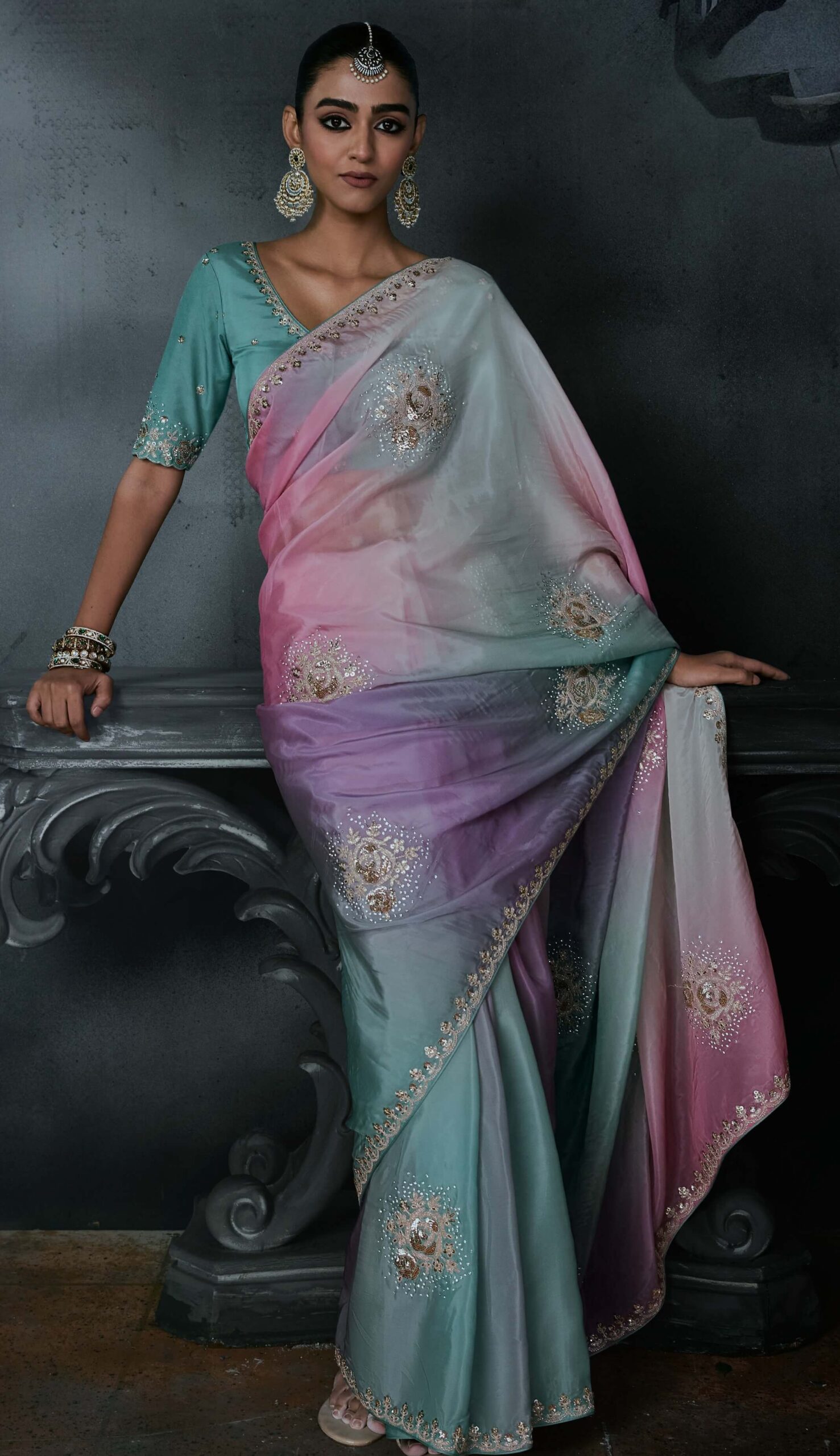 Party Wear Saree with Designer Blouse Sky Blue Color