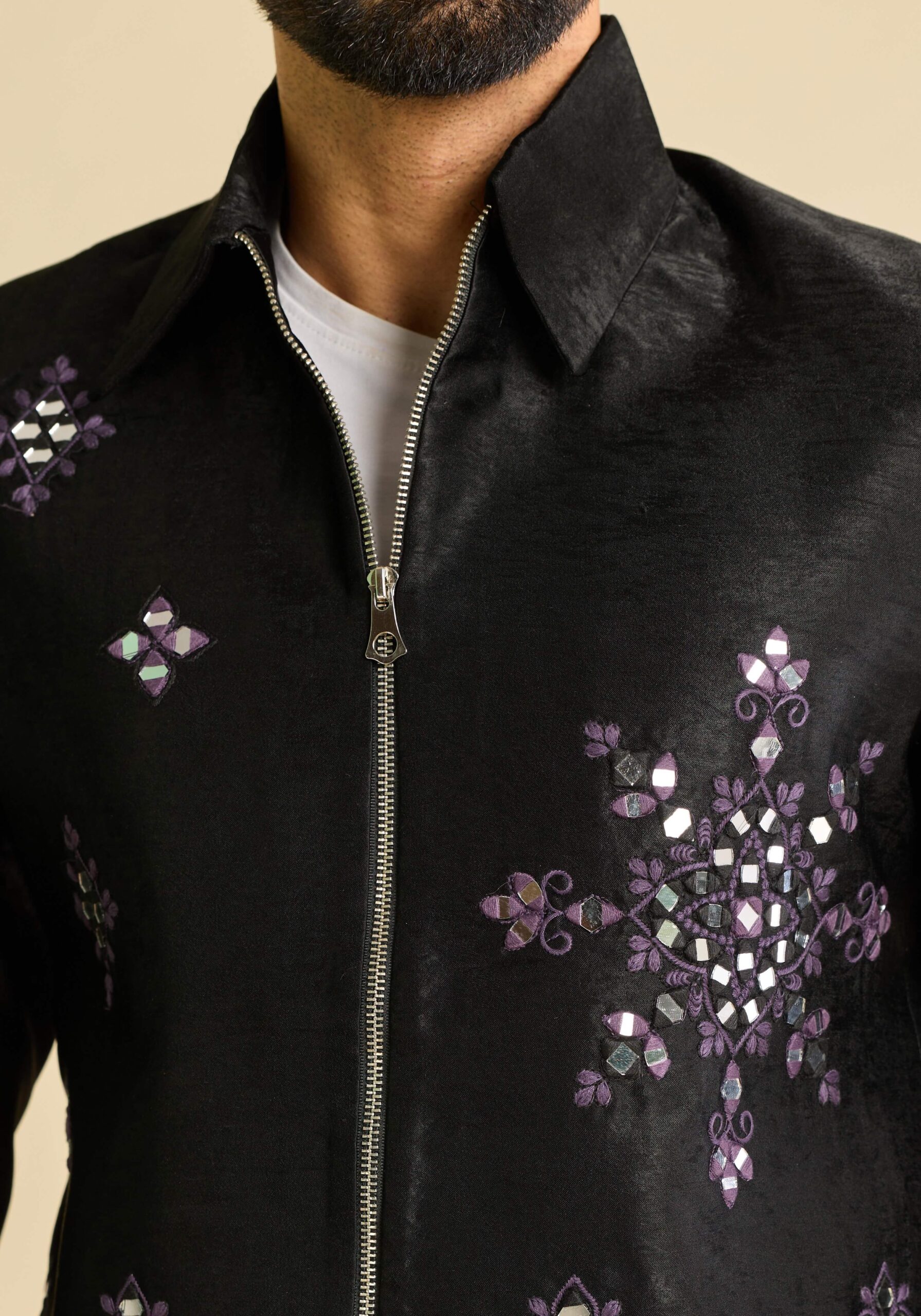 Premium Black Mirror Work Jacket Set for Men
